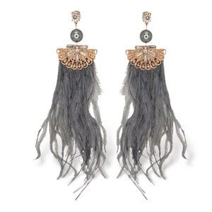 NEW Badgley Mischka Art Deco Gold Fan Long Grey Feather Statement Earrings Boho